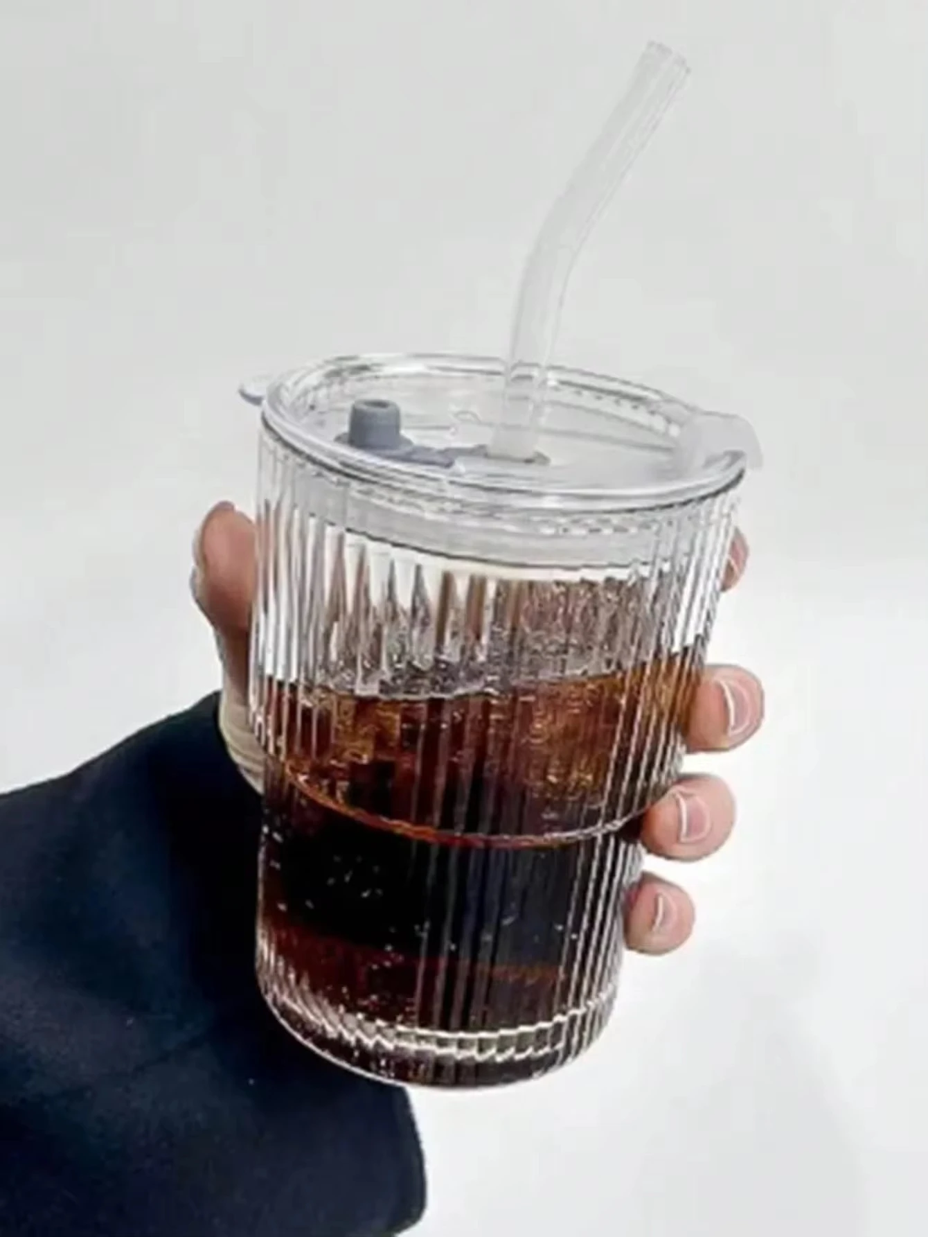 Striped Glass Cup with Lid & Straw – Transparent Drinkware Set 4