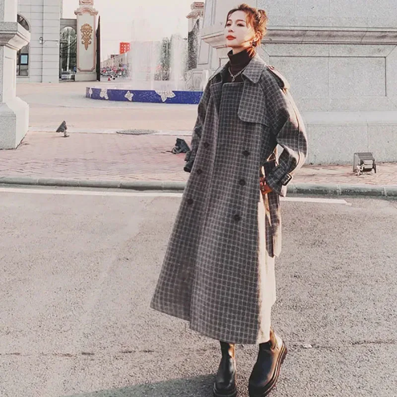 

Повседневное шерстяное пальто в клетку, Женское пальто, свободное двубортное пальто длиной с поясом, зимнее плотное шерстяное пальто 2024