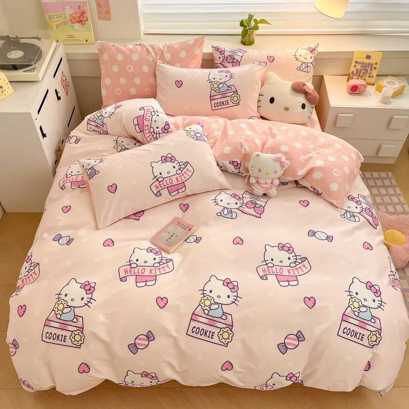 Sanrio Hello Kitty Cotton Printing Bedding Set Duvet Cover Bed Sheet Pillowcase King Queen Full Twin Bedclothes Home Textile 4