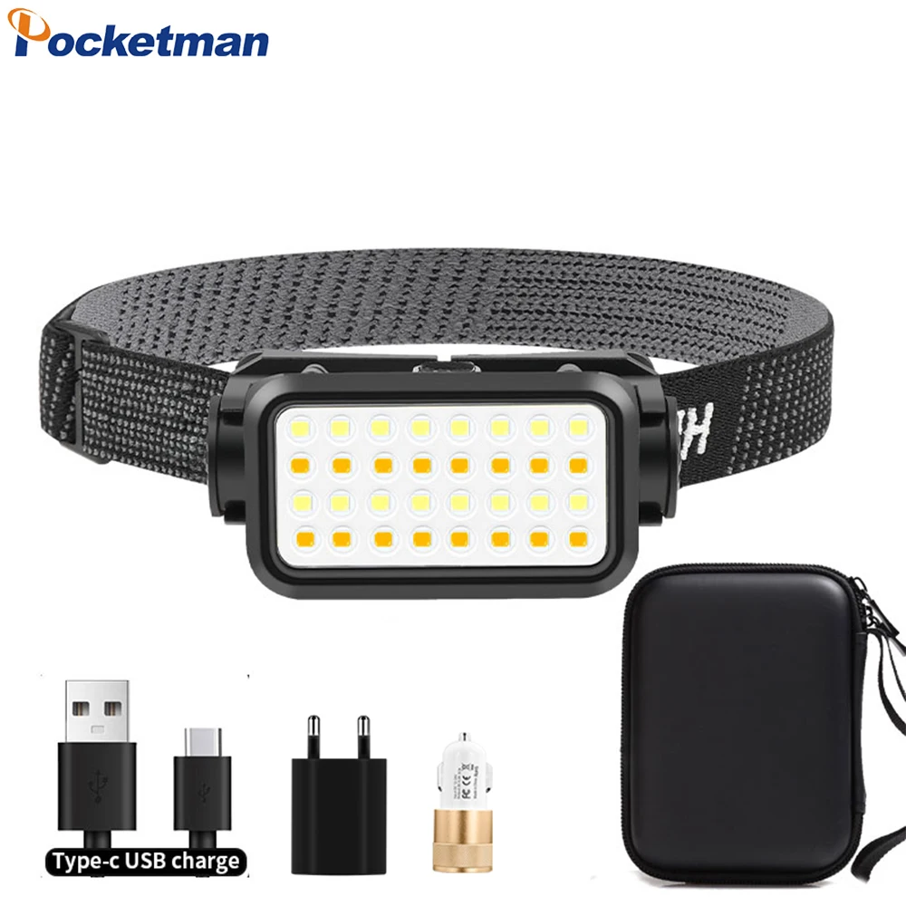 

Powerful LED Headlamp White/Yellow Light USB Rechargeable Headlight Waterproof Head Lamp Super Bright Head Light Emergency