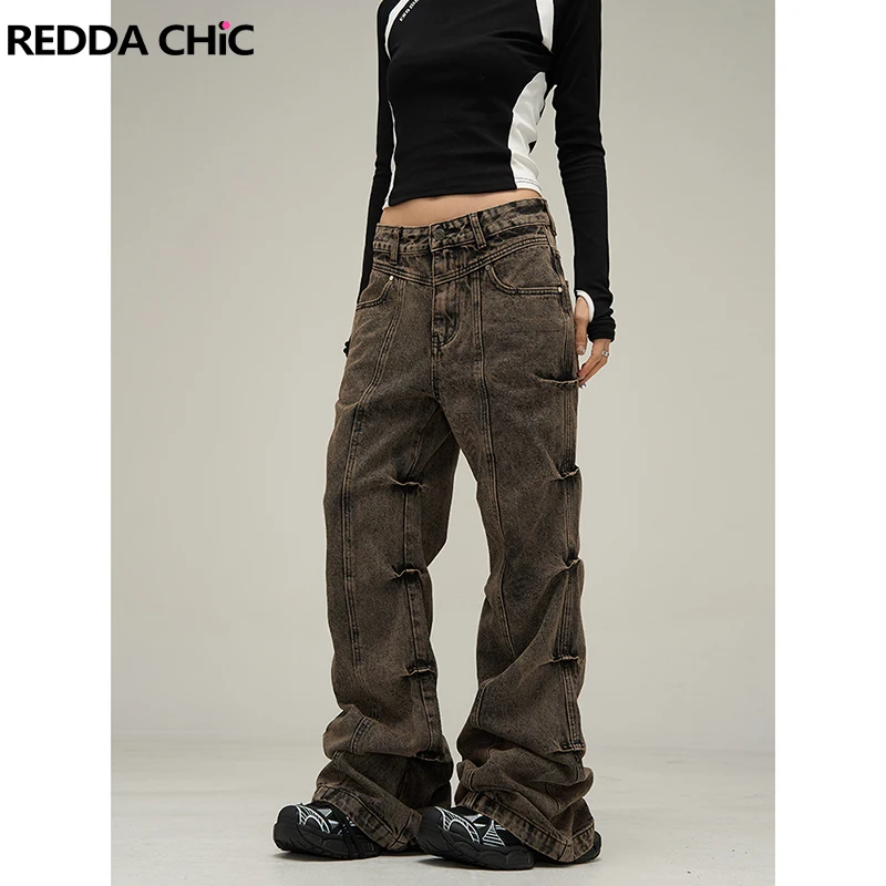 

ReddaChic Women Distressed Ruched Flare Jeans Brown Vintage Y2k Low Waist Bootcut Pants Casual Bell Bottoms Hip Hop Trousers