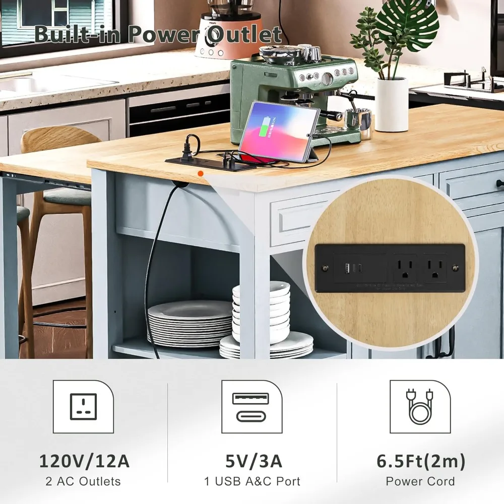 47 inch Kitchen Island with Extendable Dining Table, Internal Storage Rack, Power Outlet, Rolling Kitchen Cart on Wheels 6