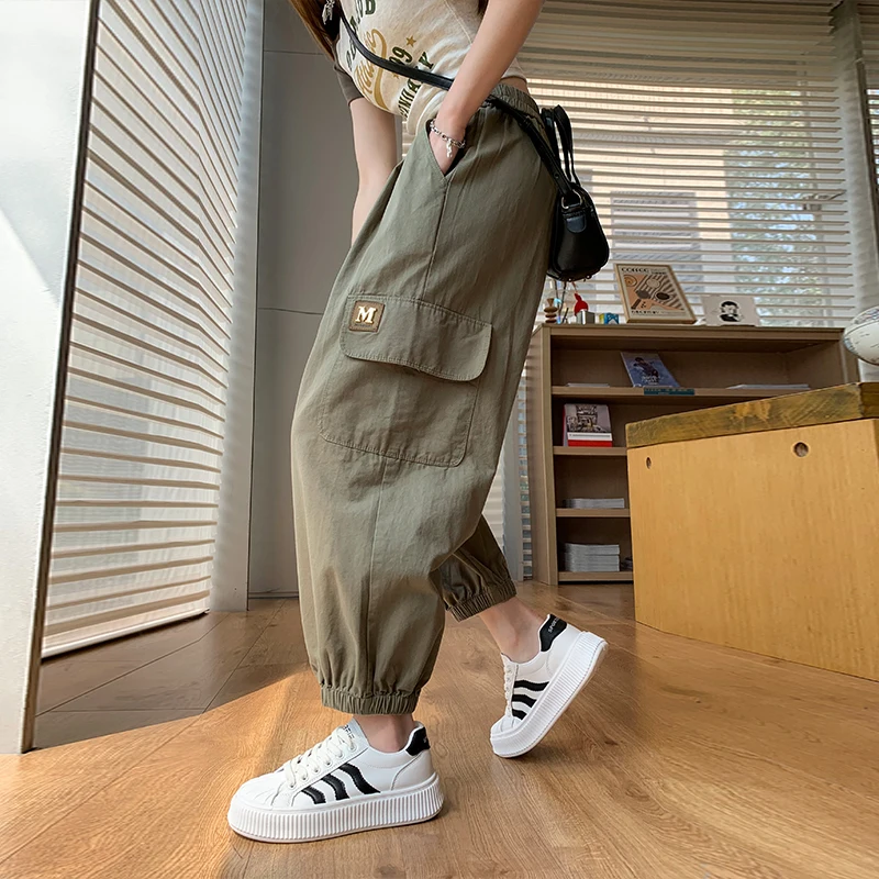 Женские хлопковые брюки до щиколотки, повседневные свободные шаровары в европейском стиле с высокой талией и эластичным поясом, модель V998 на лето, 2024
