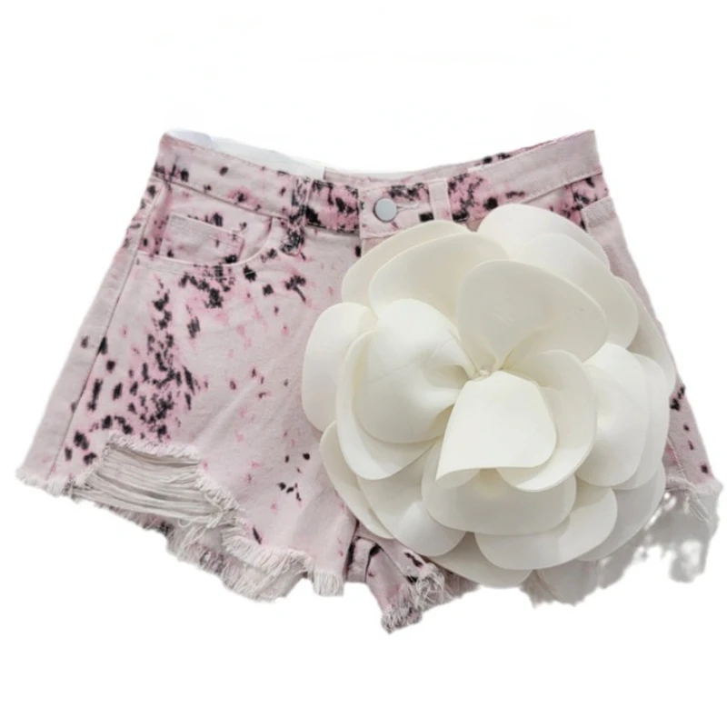 Printed Tie-Dyed Sexy All-Matching Ripped Tassel Frayed Three-Dimensional Flower Denim Shorts Wide Leg Hot Pants for Women