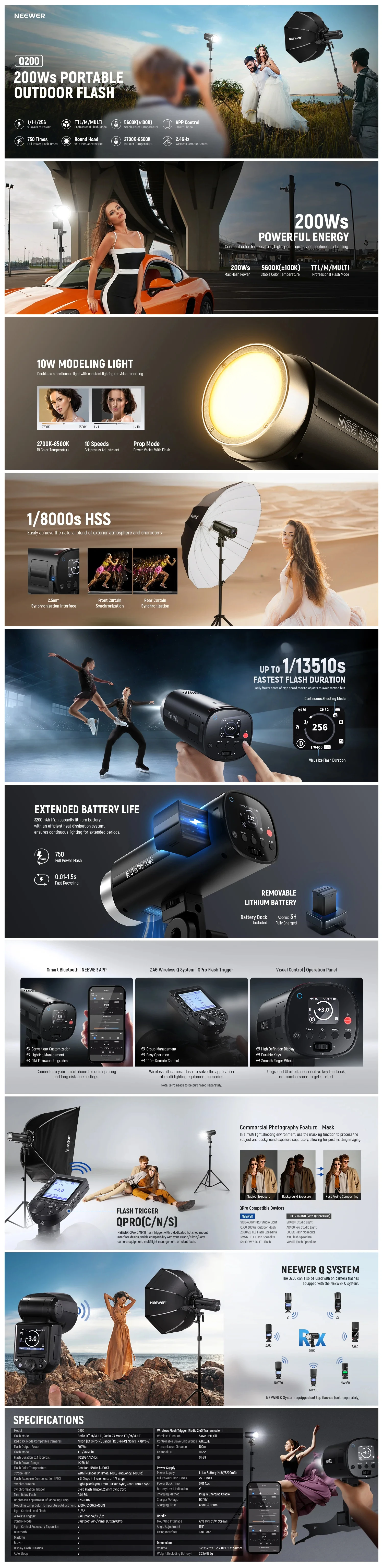 NEEWER Q200 200Ws 2.4G 야외 무선 TTL 플래시 (앱 컨트롤 지원) 1/8000 HSS 3200mAh 스트로보 플래시 (니콘, 캐논, 카메라용)