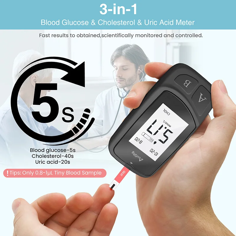 Description Picture 5 of itemUpgraded 3 in 1 Multifunction Cholesterol Uric acid Blood Sugar Meter And Test Strip Glucose Glucometer Diabetes Gout Monitor