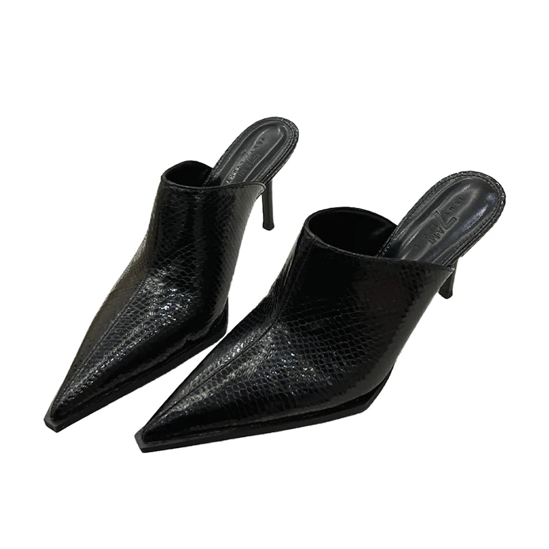 Pointed Snake Pattern Genuine Leather Shoes For Women Stiletto Heels Summer Slip-On Slides Fashion Party Sandals Women Slippers
