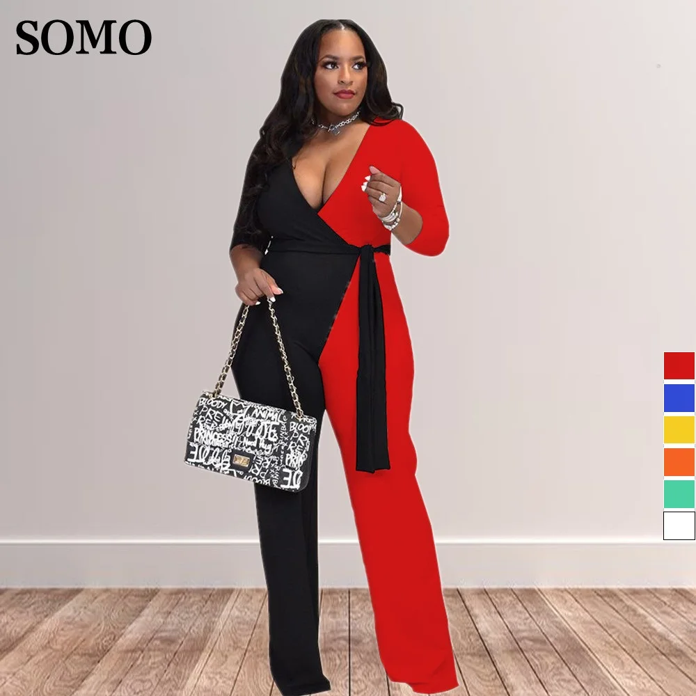

Plus Size Women Clothing Fashion Sexy V Neck Solid Color Waistband Streetwear Once Piece Outfits Jumpsuit Wholesale Dropshipping