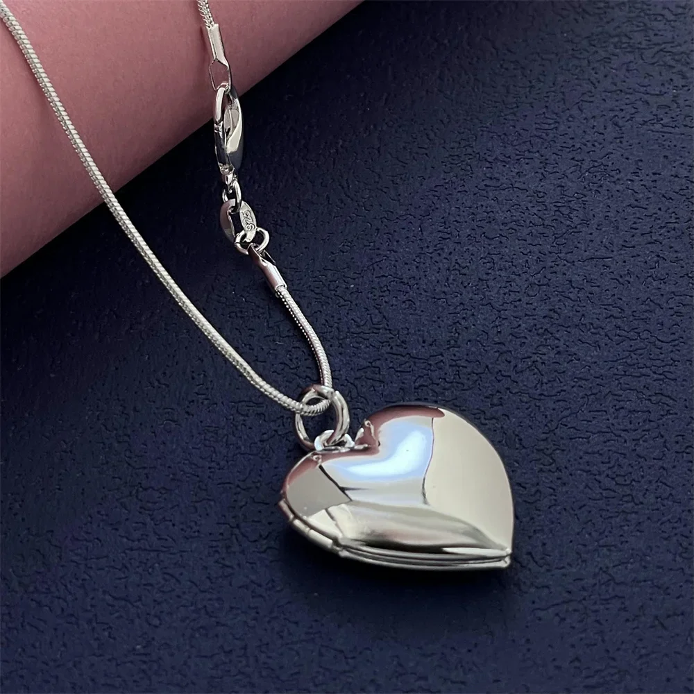 925 Silver Necklace Smooth Heart-Shaped Photo Frame Pendant, Suitable For Women's Daily Wear