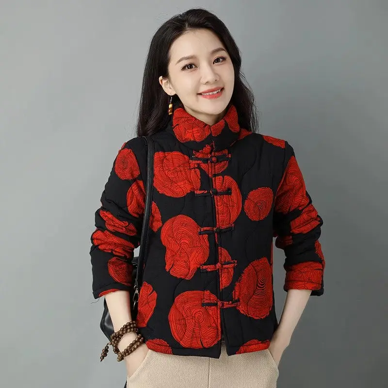 

Women's Clothing Middle-Aged Elderly Mothers Autumn Winter Flower Printed Quilted Coat 2023 New Retro Cotton Linen Jacket Z4003