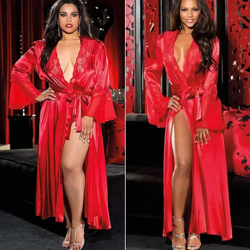 Sexy Lingerie Lace Plus Size Long Night Dress Women See Through Long Bathrobe Nightgown See Through Skirt Women's Pajamas Dress