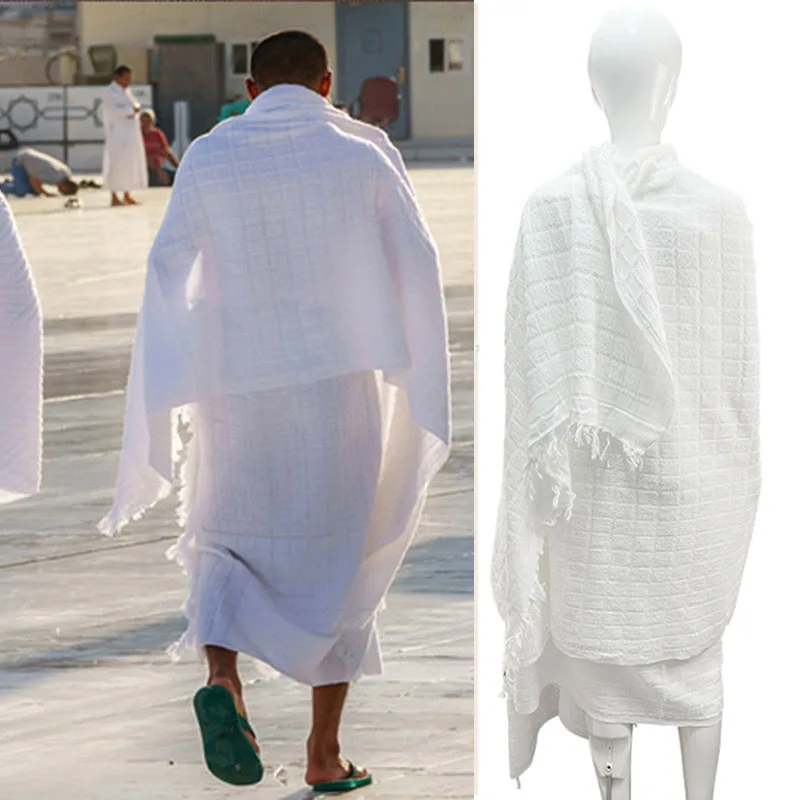 1pcs/108*215cm Pilgrimage Scarf Ihram Hajj Towel Saudi Arabian Muslim Prayer Cotton White Tassel Men's Shawl Abaya Rope Hombre