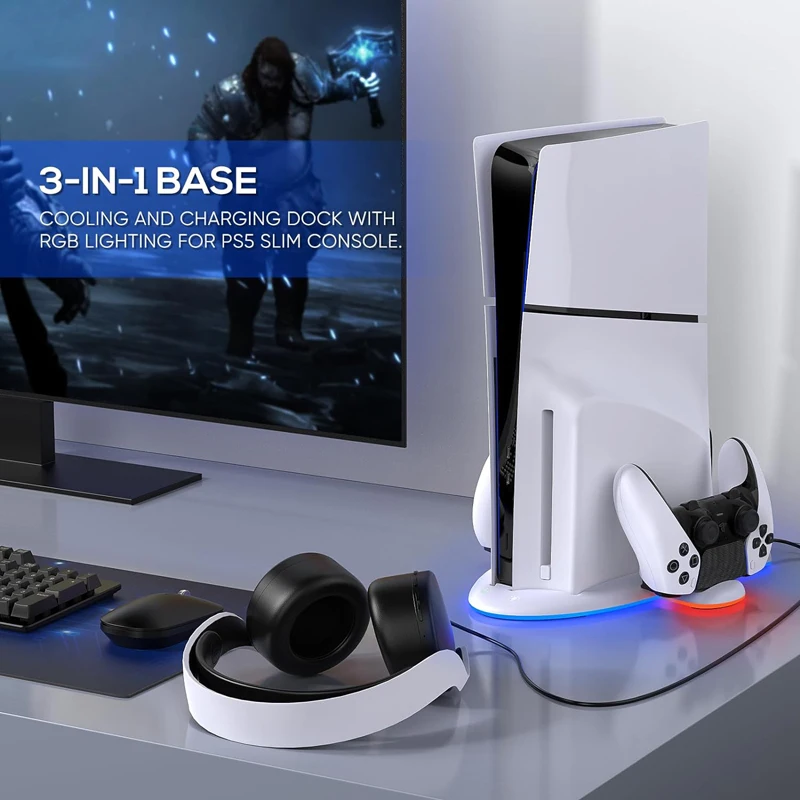 2024 수직 PS5 슬림 스탠드 및 냉각 스테이션, RGB 조명 및 듀얼 컨트롤러 충전기, 플레이스테이션 5 슬림 콘솔용, 신제품
