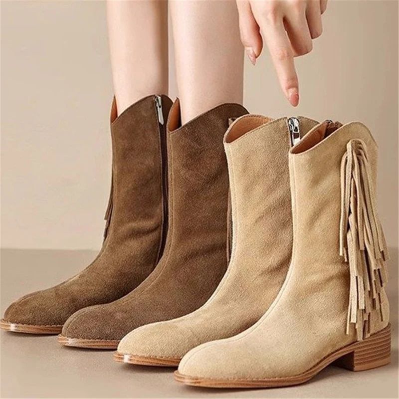 

Shoes Round Toe Lady Boots Boots-Women Zipper Rock 2023 Rubber Low Ankle Leather Cowboy Square heel Cotton Fabric Rome Retro Flo