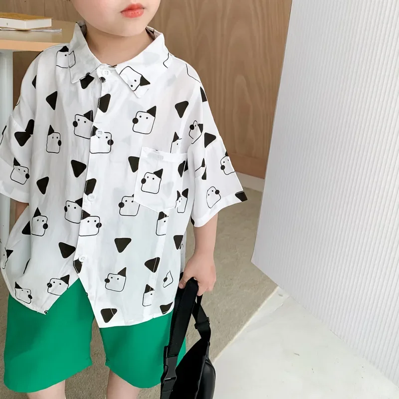 Loose Fit Summer Children's Casual Short Sleeve Shirt Cartoon Print Lyocell Cotton Boys' Shirt Comfortable Breathable Top