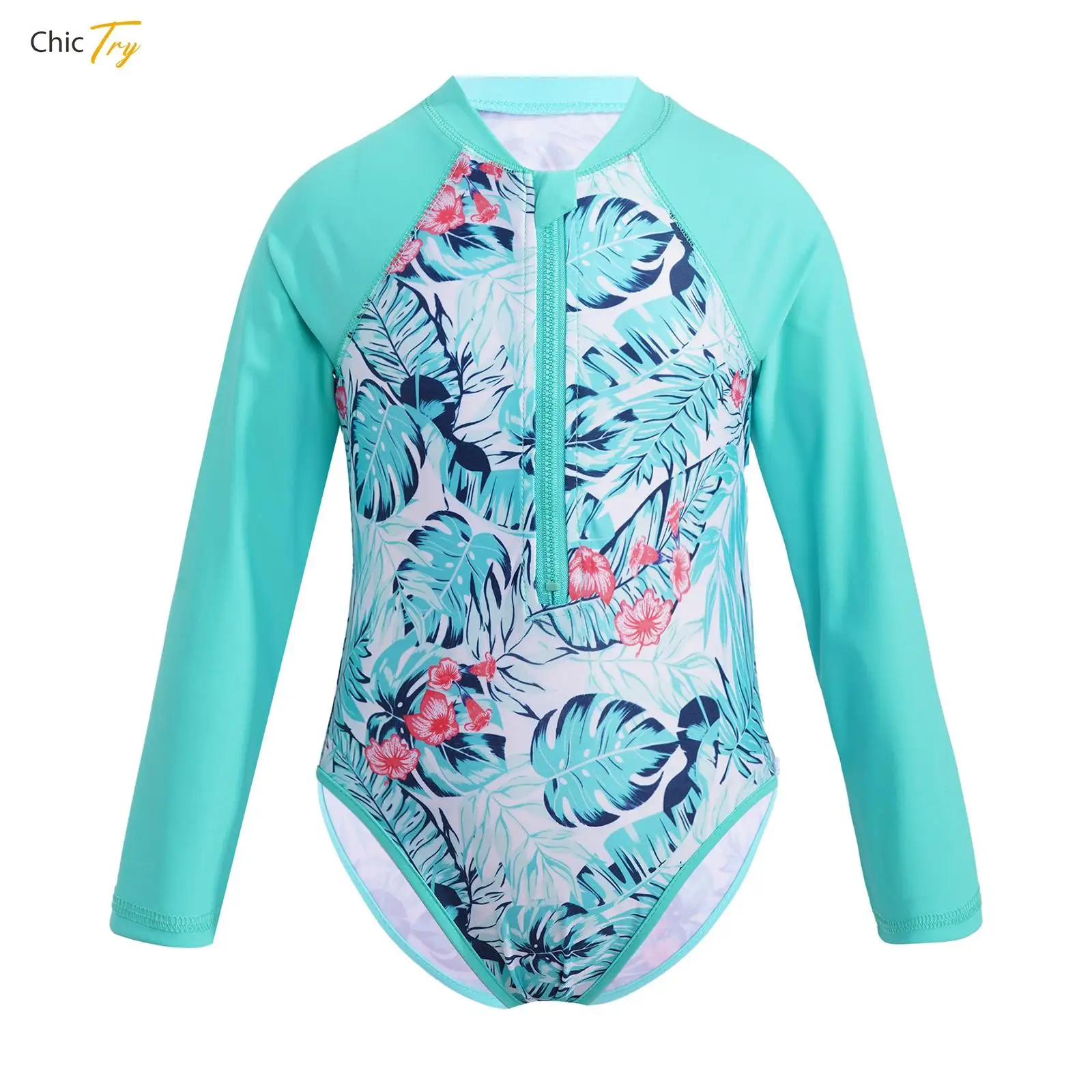 

Kids Girls One Piece Front Zipper Swimsuit Floral Printed Long Sleeves Rash Guard Swimwear Bathing Suit UPF 50+ Sun Protection
