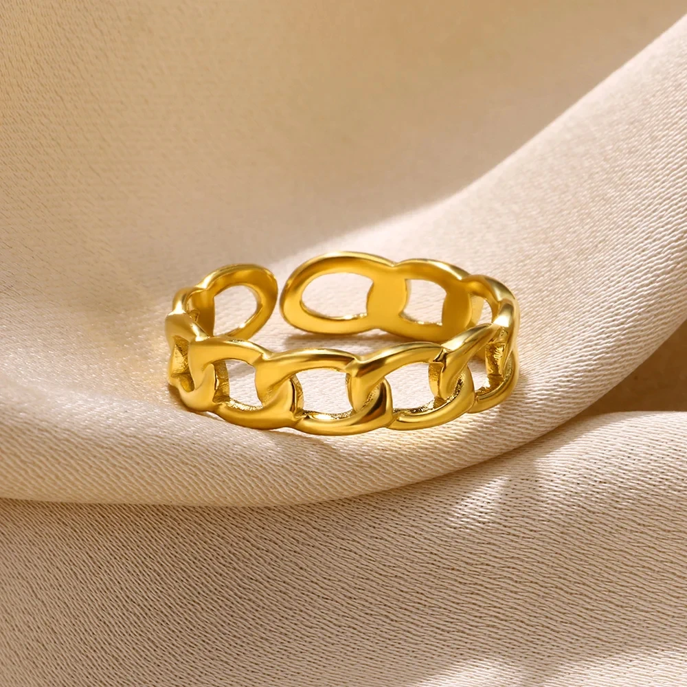 Stainless Steel Link Chain Rings For Women Gold Color Adjustable Ring