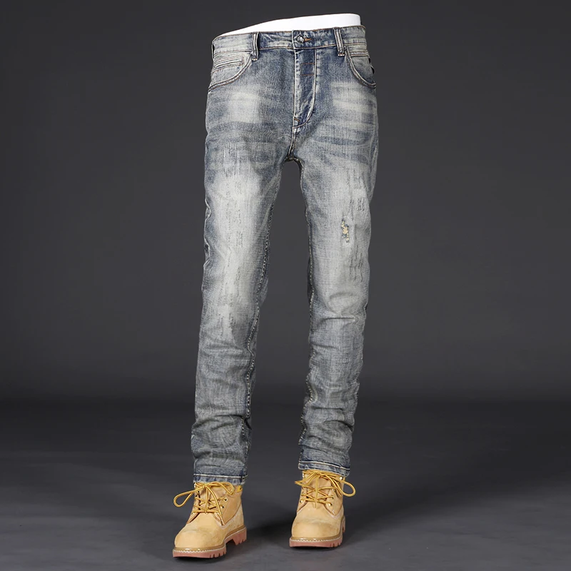 Fashion Designer Men Jeans High Quality Retro Washed Blue Stretch Slim Fit Ripped Jeans Men Vintage Casual Denim Pants Hombre
