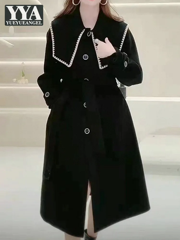 

Autumn Women Double Faced Woolen Blends Coat Vintage Black Lapel Collar Single Breasted Belted Long Wool Jacket Lady Windbreaker