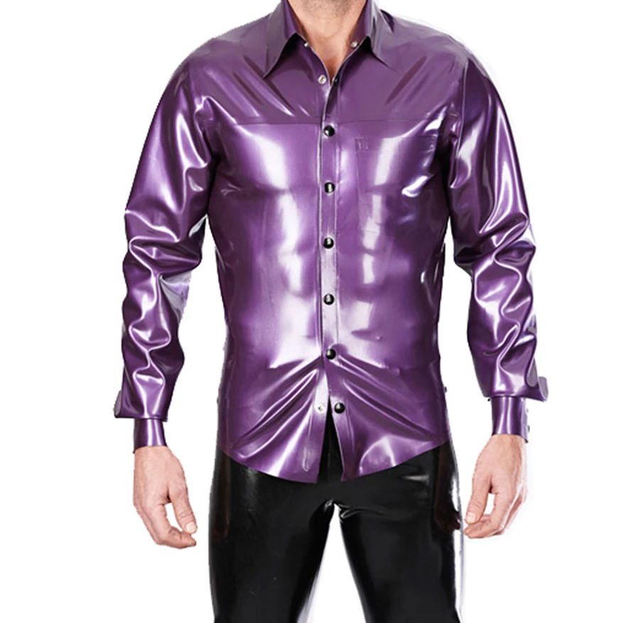 

Latex Men Shirt Sexy Metallic Purple Rubber Top Suit Handmade Clothing RSM002