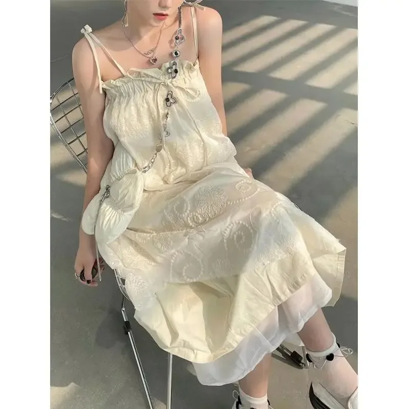 

2024 Summer Y2k Aesthetic Embroidery Women Dress Harajuku Apricot Bandage Dresses Fairy Backless Ruffled Sweet Vestido De Mujer