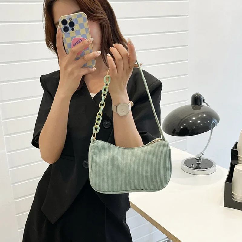 Korean Fashion Vintage Handbags Women Summer Corduroy Underarm Bag Zipper Shoulder Small Bags Female Soft Casual Clutch Handbag