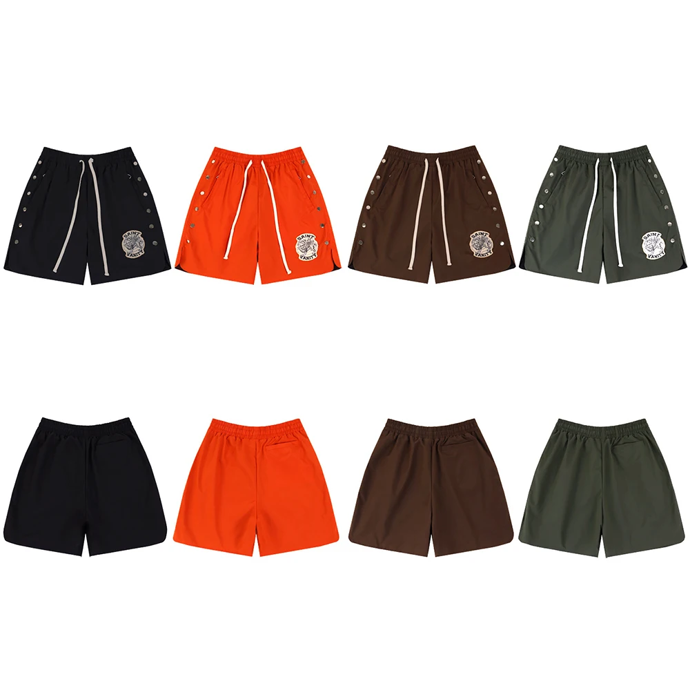 Side Button Embroidery Water Proof Thin Summer Shorts for Men Elastic Waist Drawstring Baggy Quick Dry Five Point Pants