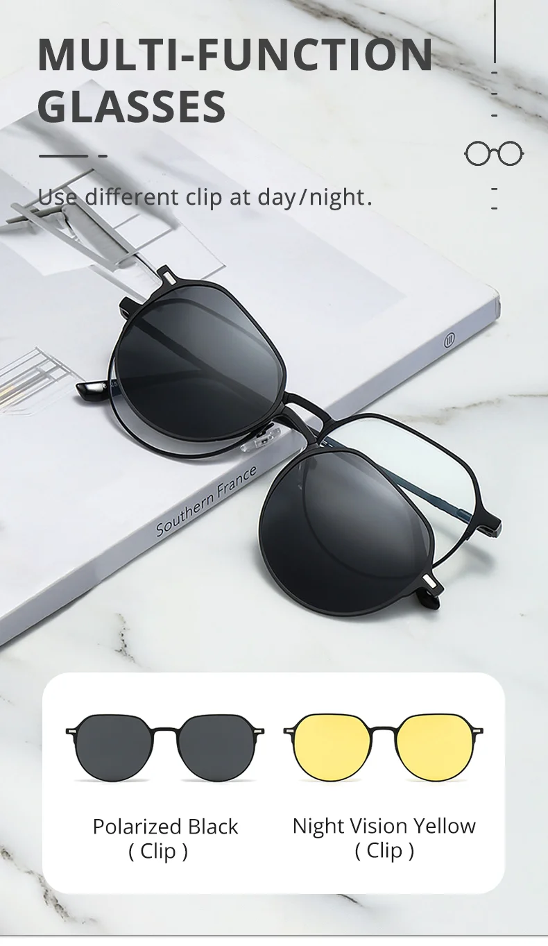 Ralferty 2-in-1-Brille mit Clip für Damen, Metall-Brillengestell, Myopie-Rahmen, Outdoor-Sonnenbrille, magnetische Nachtsichtbrille, Null – Detail 1