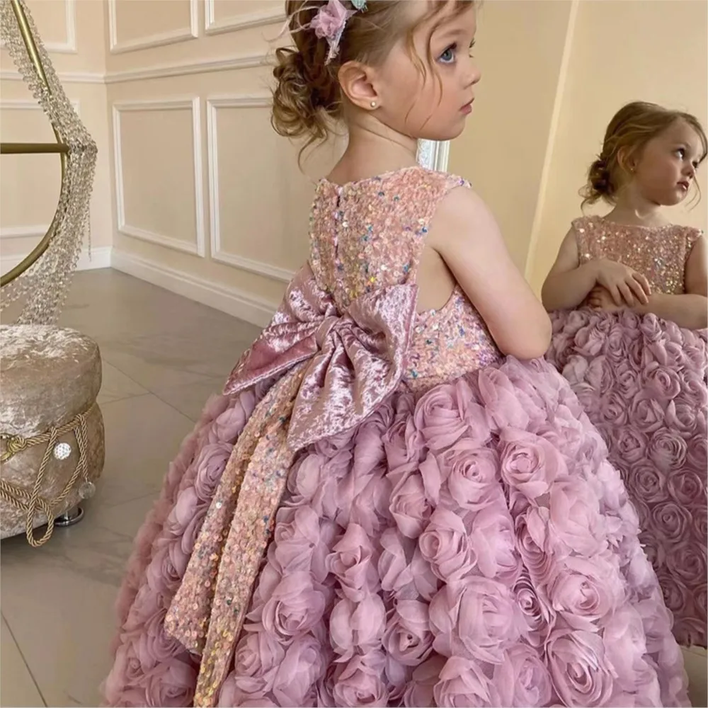 

Children Rose 3D dress vestido para niña New Sequin Long Fluffy Princess Girls Dress