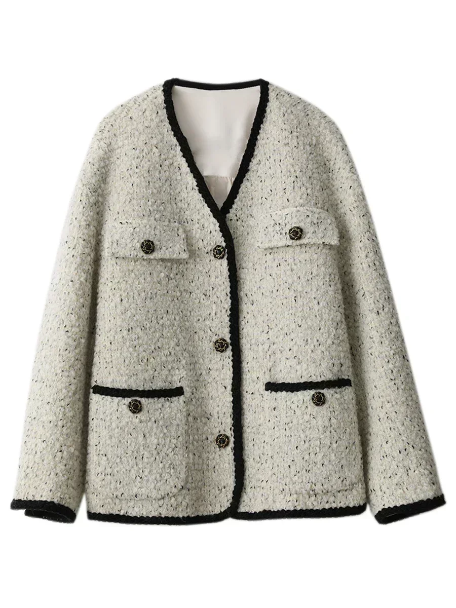 CHIC VEN Fashion Women's Wool Coat Single Breasted Vintage Jacket V-Neck Office Lady Overcoat Female Tops Spring Autumn 2023 5