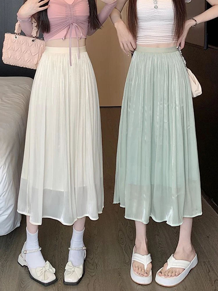 

Casual Simple Solid Midi Long Skirt for Women 2023 Summer Korean Style A Line High Waist Mid-length Skirt Female Purple