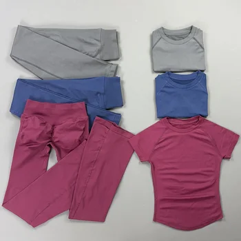 HISTELLO 2Pcs Flared Leggings Set Women Sports Short Sleeve Top and Hip Lift Gym Flares Leggings Seamless Workout Fitness Suit