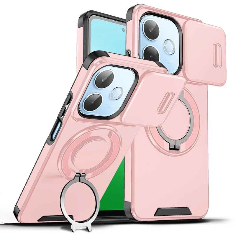 Slide Camera Lens Armor Phone Case with Magnetic Holder Ring and Protective Cover