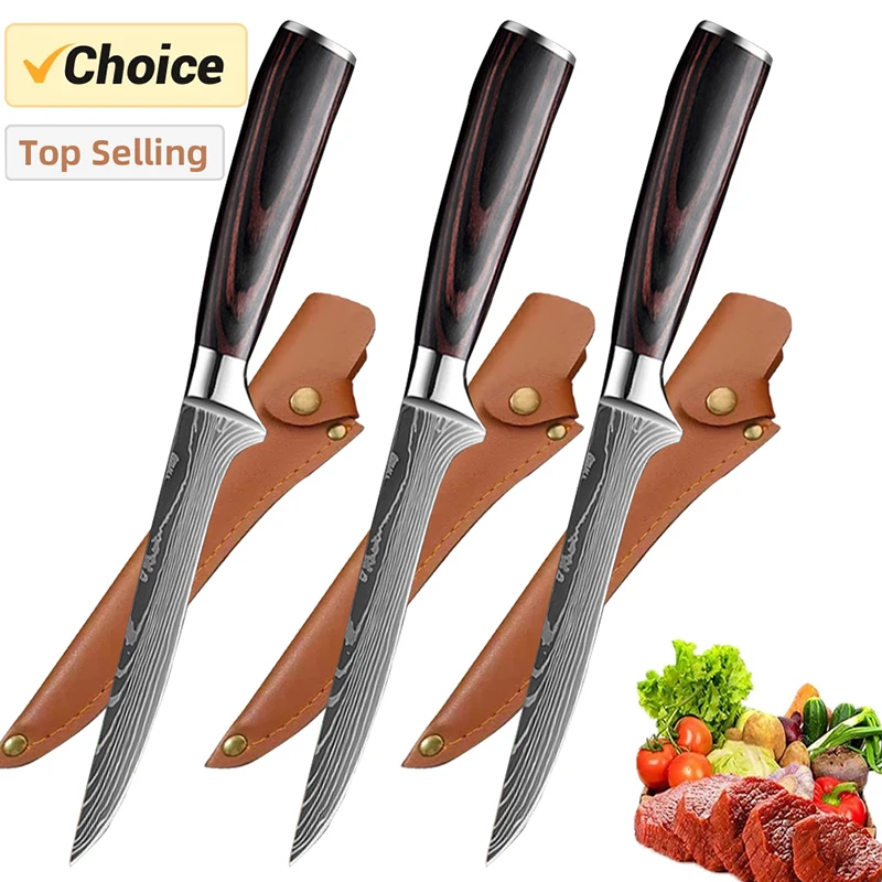 Kitchen Boning Knife Damascus Laser Pattern Butcher Knife Stainless Steel Bone Meat Fish Fruit Vegetables Chef with Cover kitchen knife meat cleaver