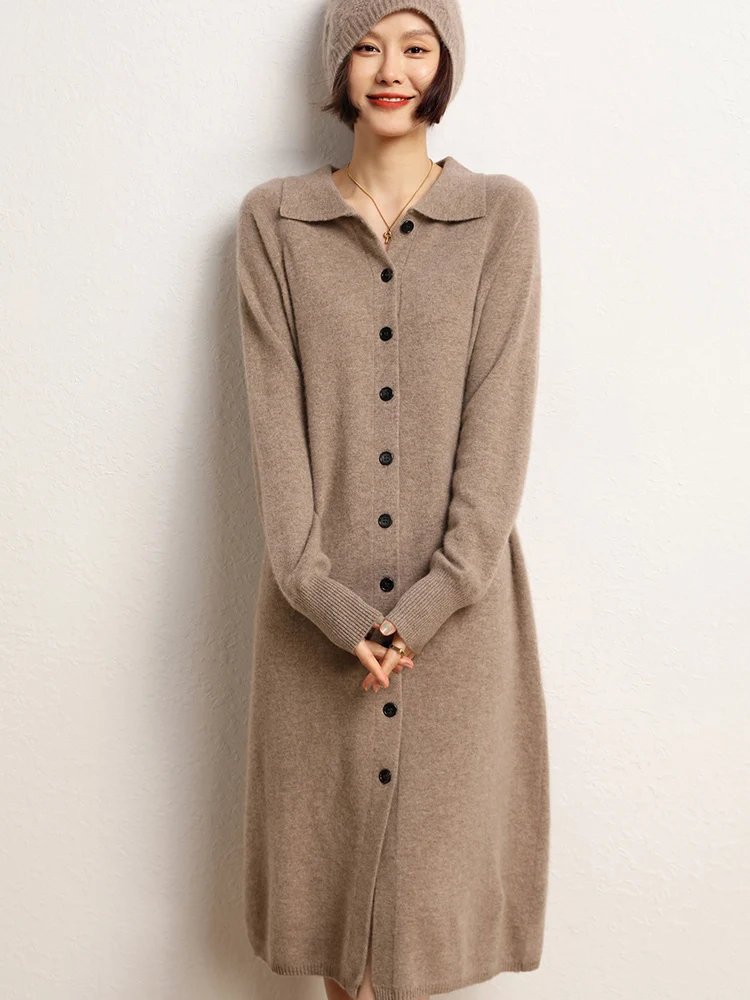 

Cashmere 2023 Autumn and Winter New Women's Thin Solid Color Lapel Buttoned Loose Long Over-the-Knee Dress Cardigan Jacket