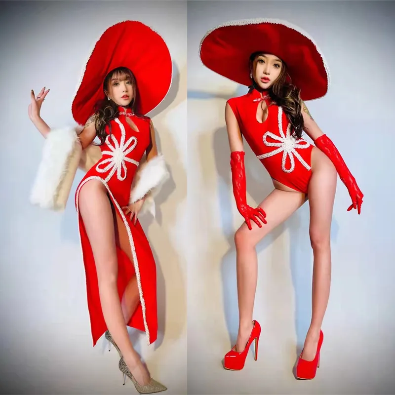 

Nightclub Party Lead Dance Costume Women Red Split Cheongsam Dress Backless Bodysuit Sexy Stage Wear Bar Singer Performance