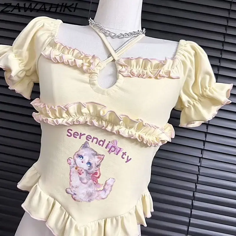 

T Shirts for Women Y2K Aesthetic Slim Short Puff Sleeve Ruffles Fashion Japanese Sweet Letter Cartoon Print Hollow Out Crop Tops