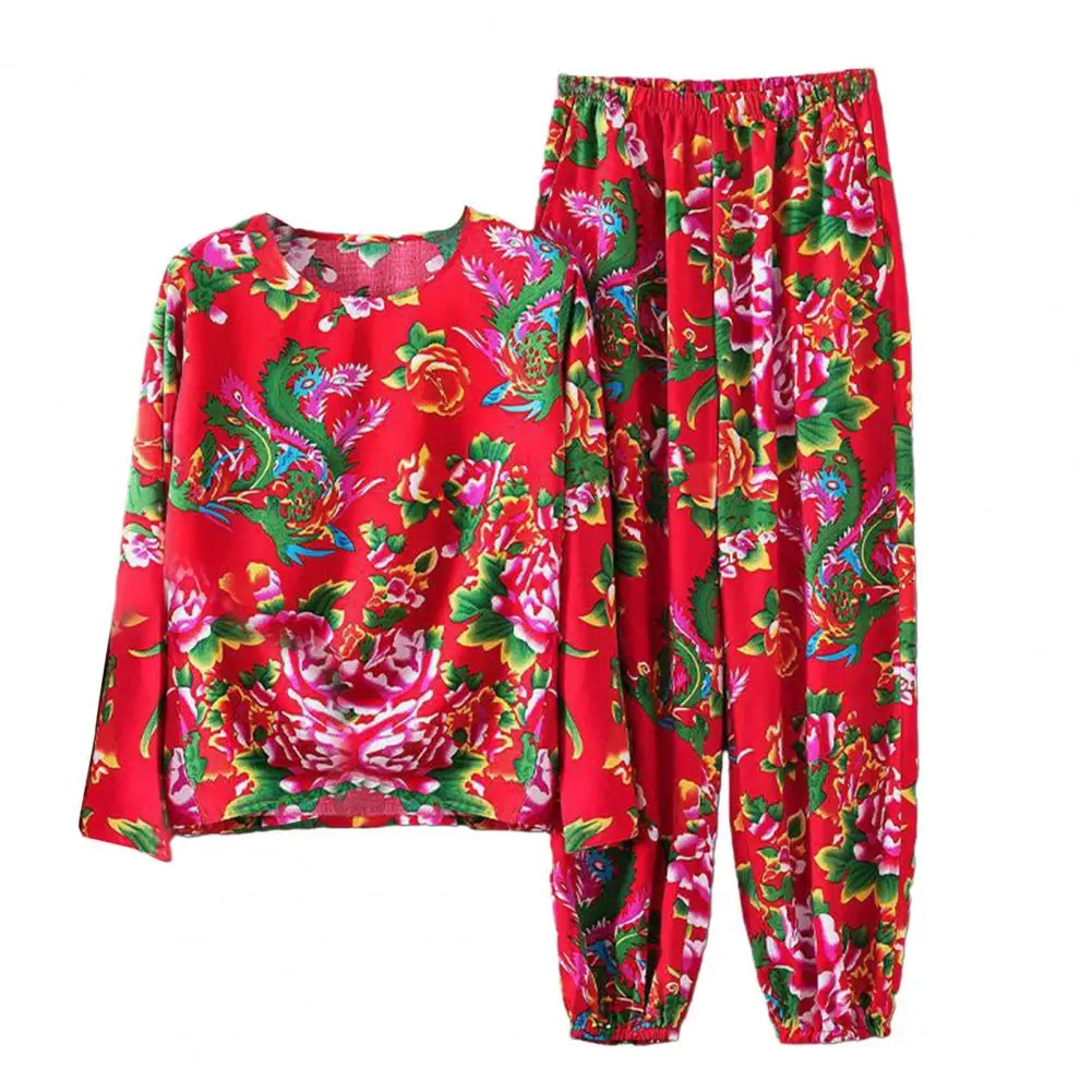 

Women T-shirt Pants Set Chinese Ethnic Flower Print T-shirt Pants Set for Women Northeast Style Round Neck Long Sleeve Top