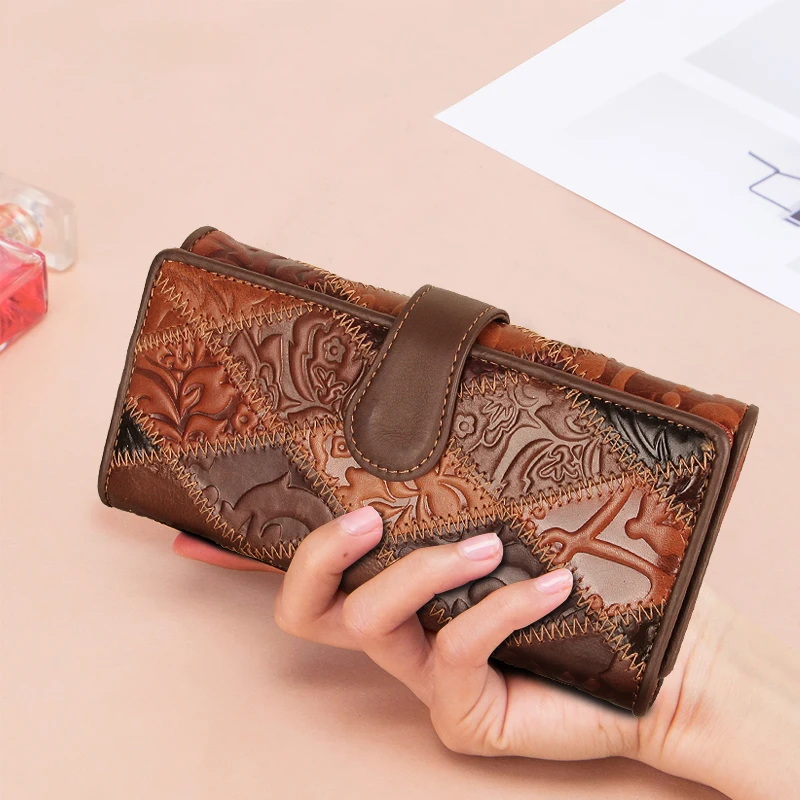 Genuine Leather Purse Coin Long Wallet Phone Money Patchwork Vintage Print Clutch For Women