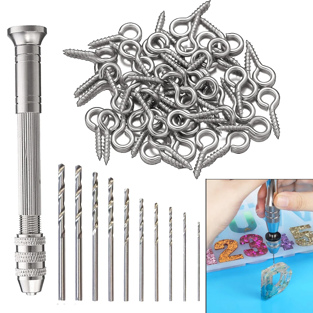1 Set Handbohrmaschine Bohrer mit Edelstahl-Augenschrauben für DIY Harzguss Tonformen Schlüsselanhänger Holz Schmuckherstellung Werkzeuge – Detail 1
