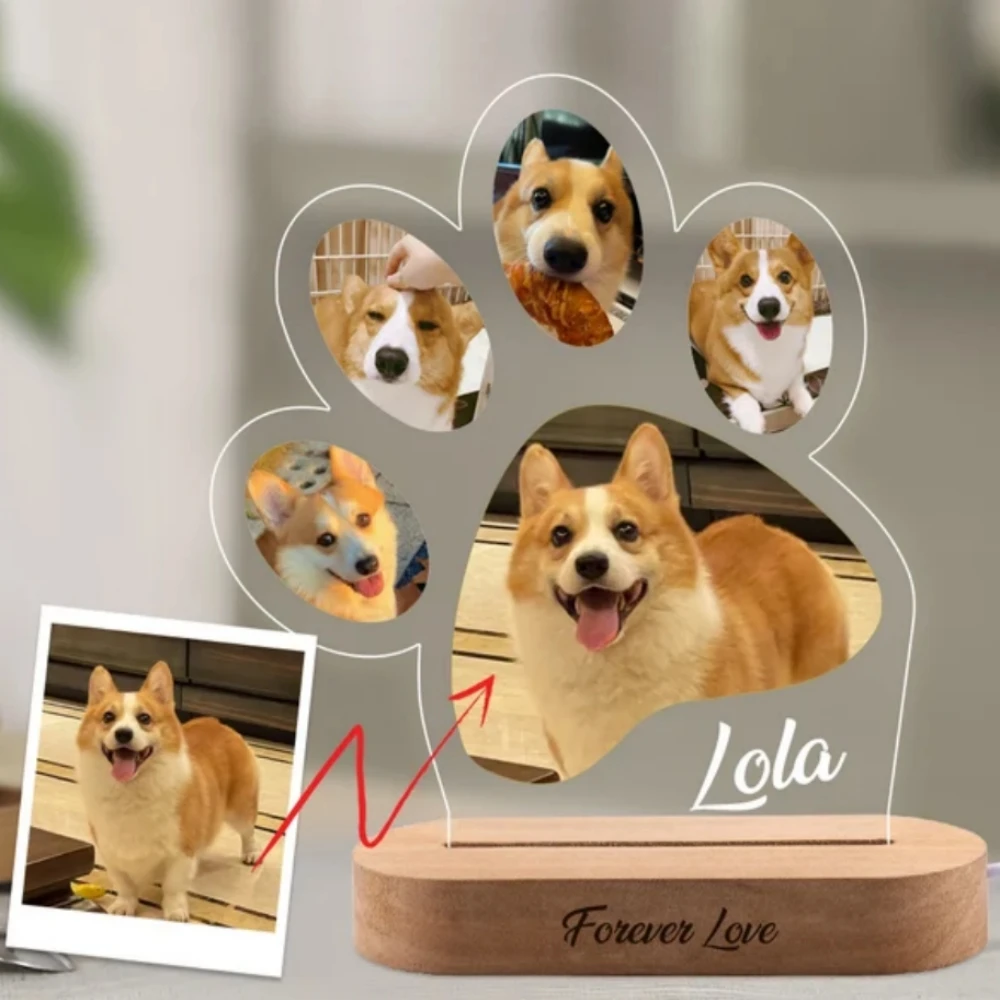 Pet Memorial Photo Frame Night Light With Photo Text Custom Unique Gift For Yourself Friend Family Personal Pet Paw Shape Lamp