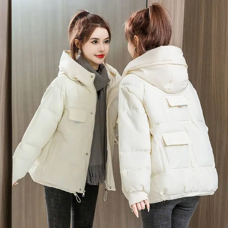 Spring and Autumn Winter Pure Color Korean Edition Loose Short Breadms Hooded Thick Cotton Coat Women's Coat