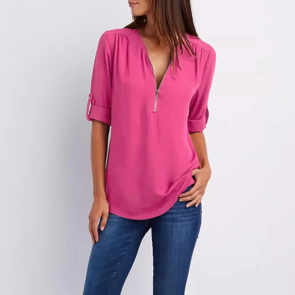 Women Floral Blouse Plus Size Deep V Neck Women Blouse Chiffon Cool Loose Shirt Fashion Casual Ladies Tops Sexy Zipper Pullover women floral blouse