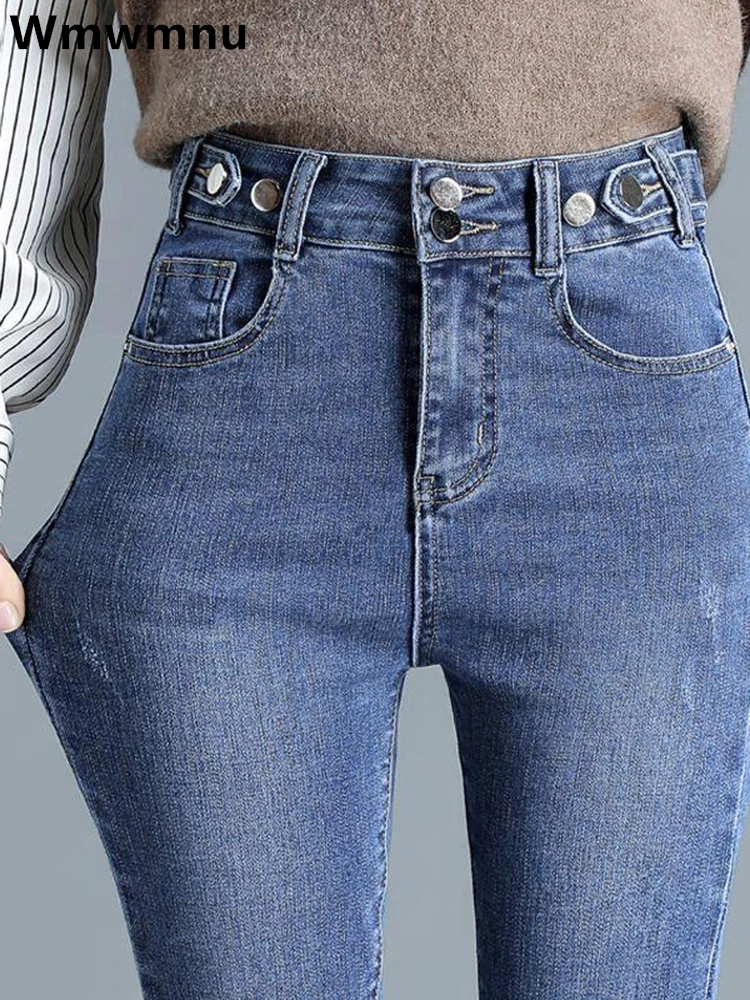 

Korean Blue Skinny Pencil Jeans Women Design Vaqueros High Waist Ankle-length Pantalones Adjustable Buttons Stretch Denim Pants