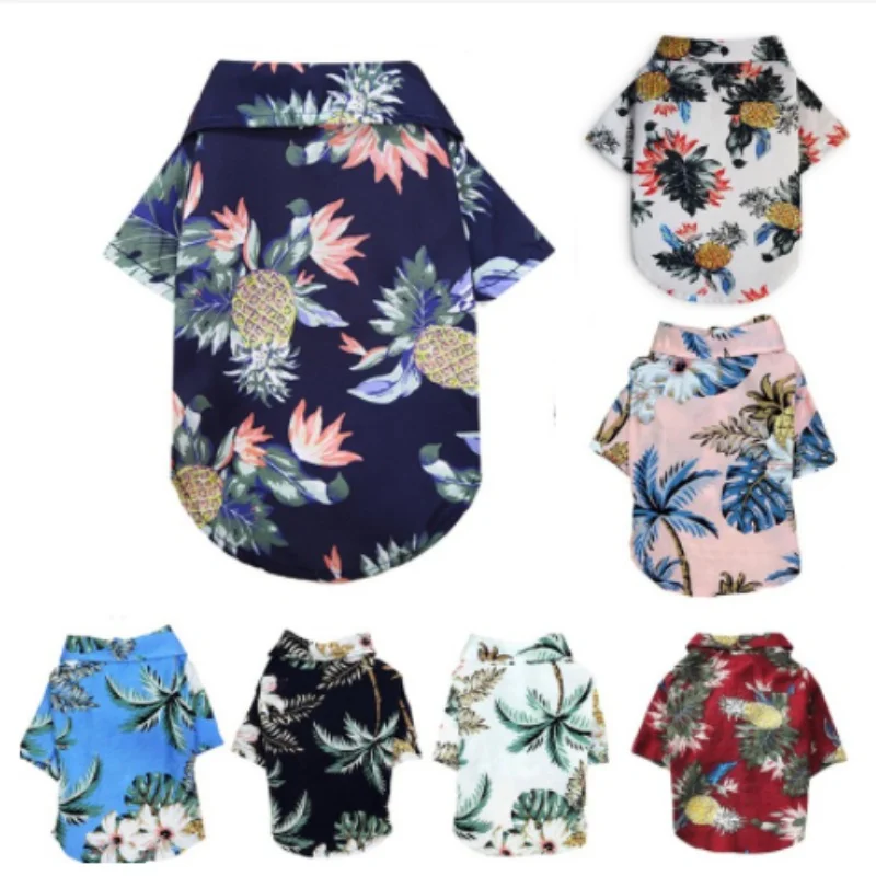 Small and medium-sized dog beach pineapple shirt Hawaiian pet dog cat golden retriever spring and summer season clothing pet dog shirt
