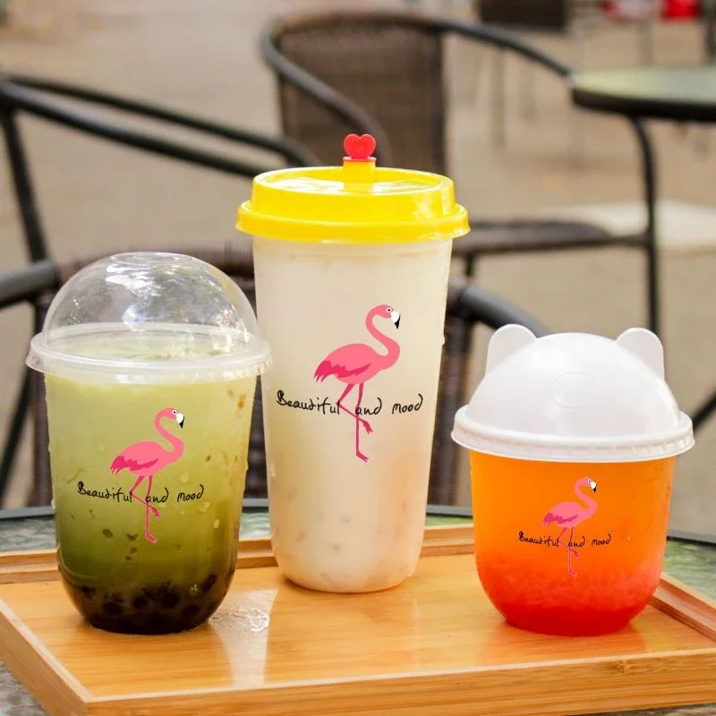 100pcs Disposable Daisy Flamingo Printed Milk Tea Cups  Food Grade PP Plastic Mug Juice Fruit Leak Proof U-shaped Cup with Lid 3
