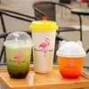 100pcs Disposable Daisy Flamingo Printed Milk Tea Cups  Food Grade PP Plastic Mug Juice Fruit Leak Proof U-shaped Cup with Lid 3