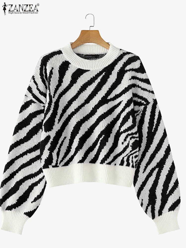 ZANZEA Fashion Long Sleeve Zebra Striped Sweater Stylish Autumn Sweaters Women Jumpers Casual Knitted Top Winter Loose Pullovers 4