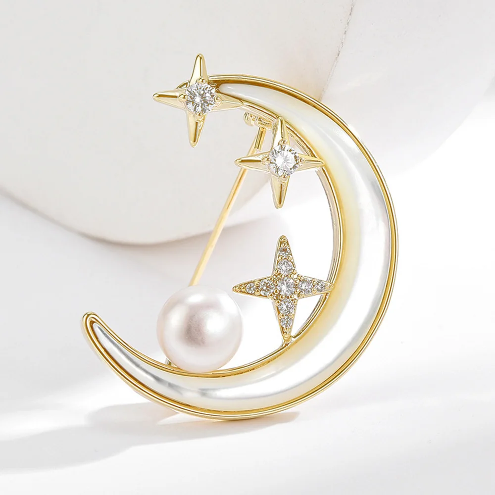 Exquisite Elegant Rhinestone Moon Pearl Brooches For Women Crystal Star Crescent Lapel Pins Fashion Jewelry Clothing Accessories