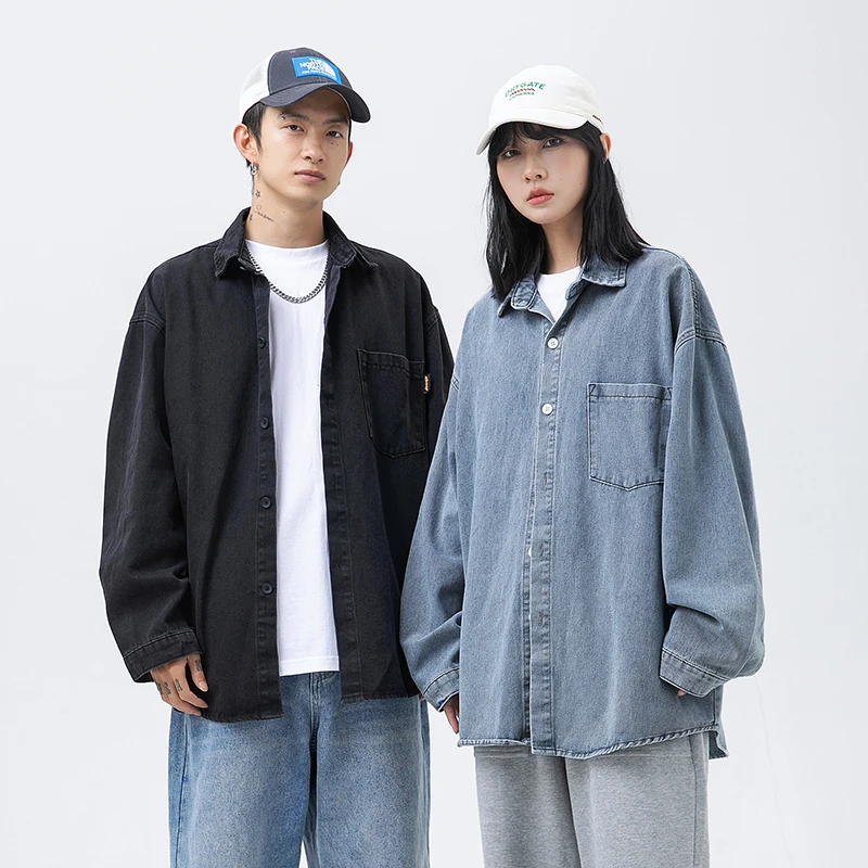 남성용 빈티지 데님 셔츠, 루즈 베이직 캐주얼 물세탁 셔츠, 커플용 겉옷, 2024 용수철 신상